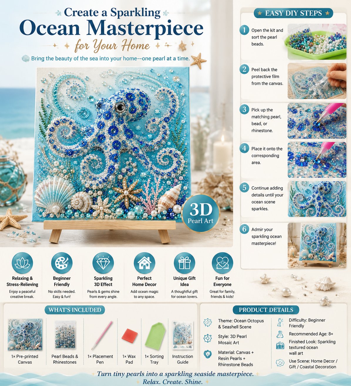 🌊Ocean Theme Pearl Art DIY Kit | 3D Sparkling Coastal Wall Decor 🐚✨ - 🐙Octopus