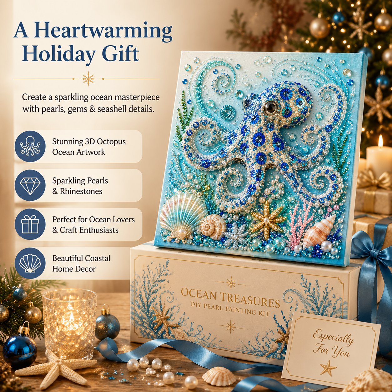 🌊Ocean Theme Pearl Art DIY Kit | 3D Sparkling Coastal Wall Decor 🐚✨ - 🐙Octopus