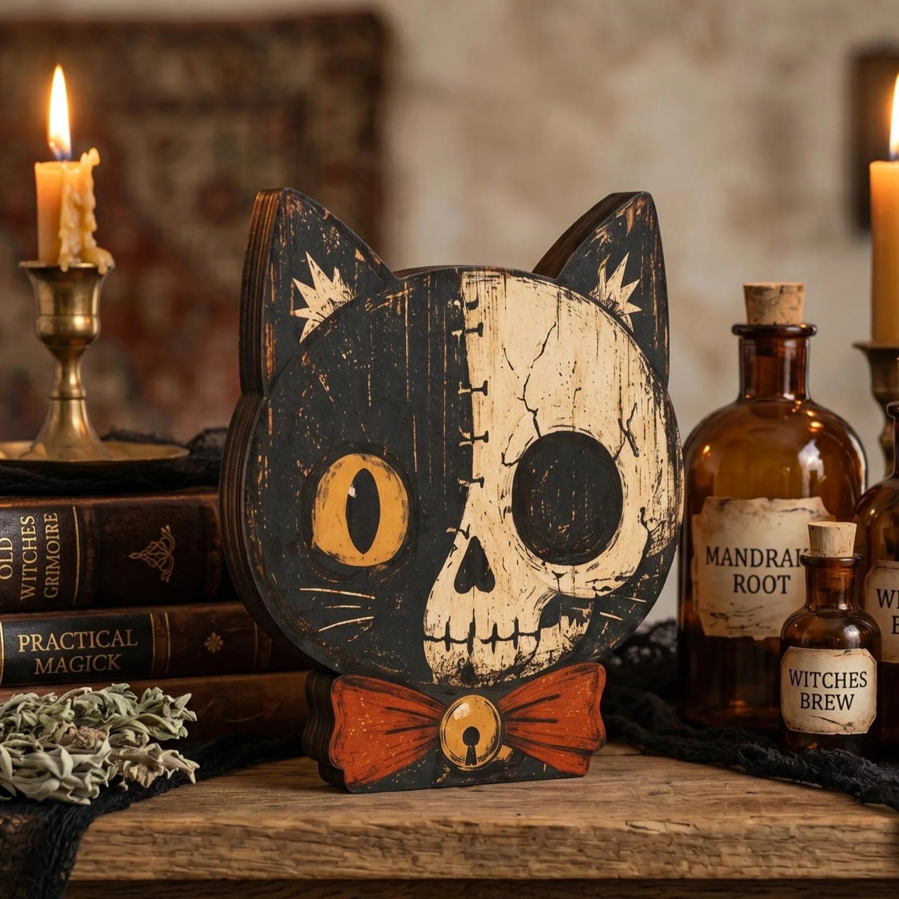 Vintage Halloween Decor - Halloween Cat Wooden Block for Cat Lovers