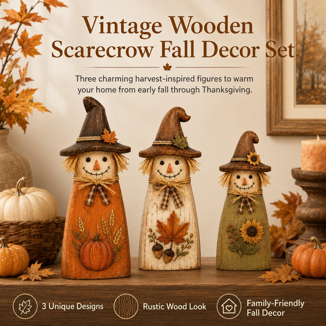 Vintage Wooden Scarecrow Fall Decor Set（A set）