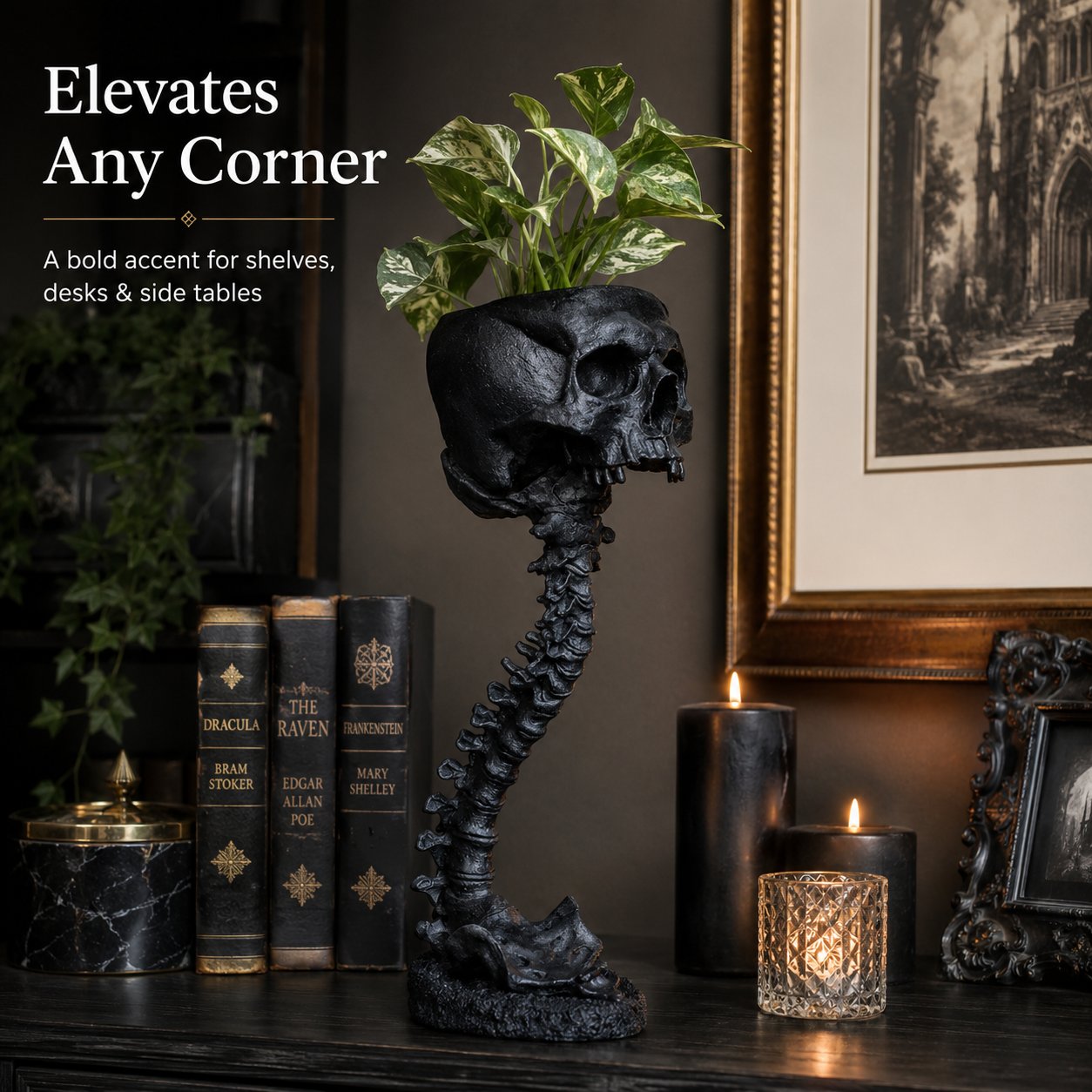 Gothic Skull Planter and Skeleton Vase, 11.6-Inch Spooky Home Decor