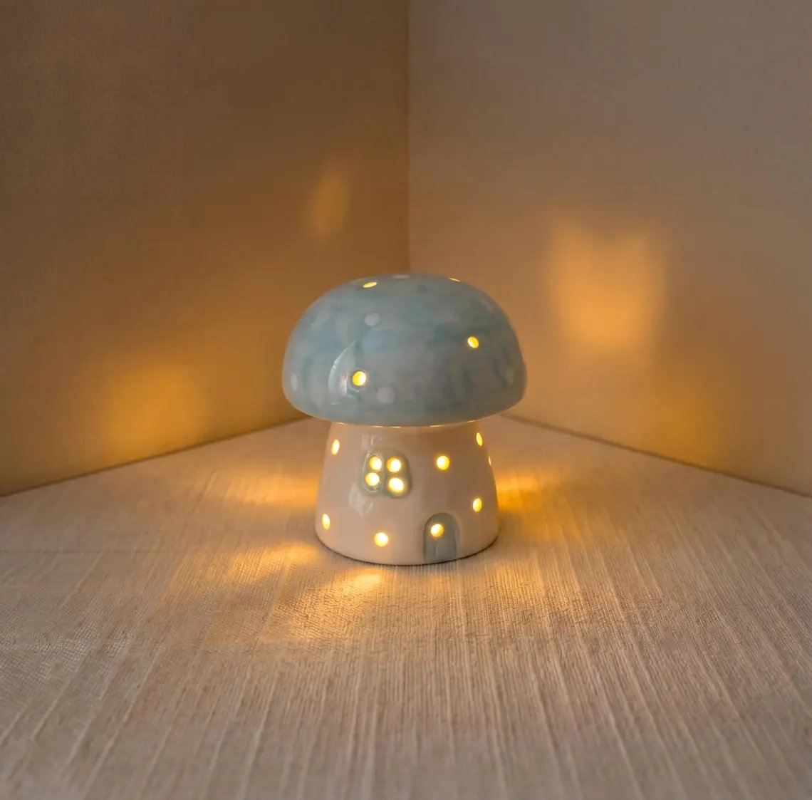 Mushroom Ceramic Night Light, Handmade Glowing Mushroom House Lamp