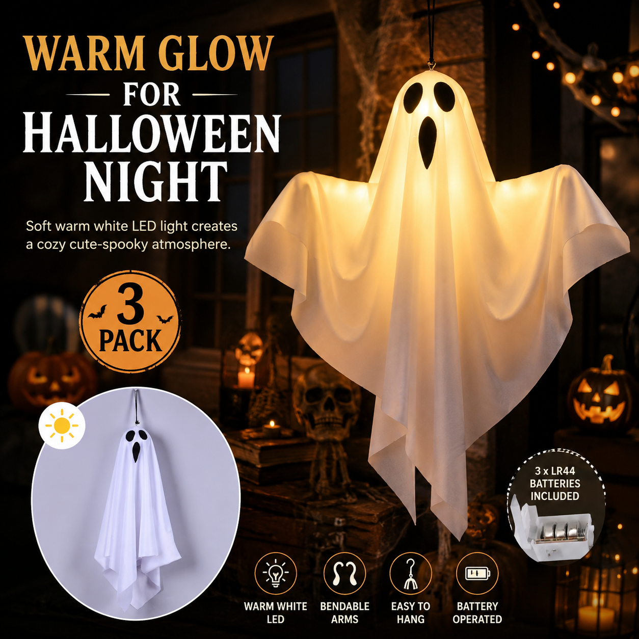 Set of 3 Lighted Hanging Ghost Decorations for Halloween