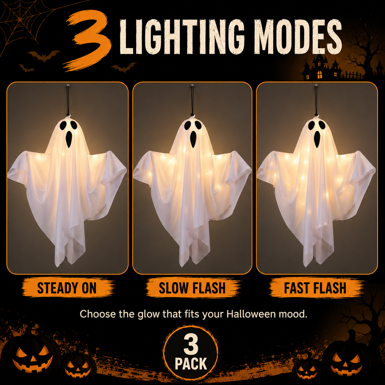 Set of 3 Lighted Hanging Ghost Decorations for Halloween