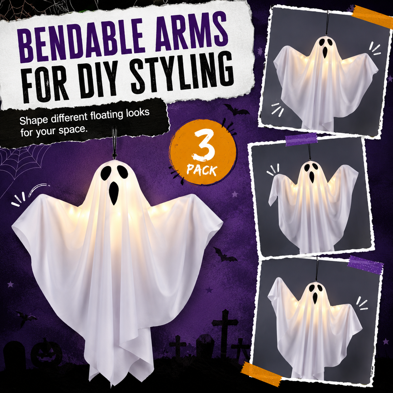 Set of 3 Lighted Hanging Ghost Decorations for Halloween