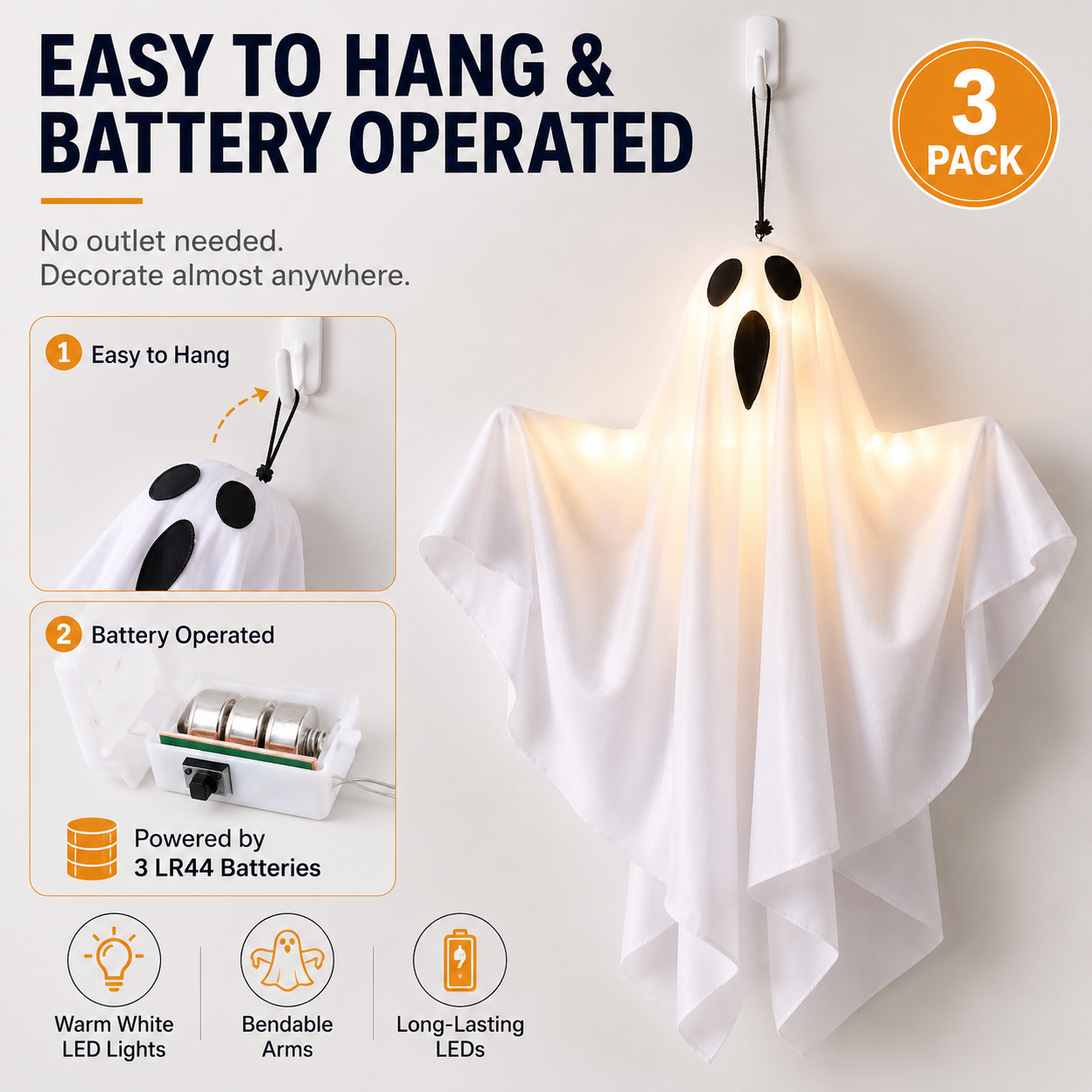 Set of 3 Lighted Hanging Ghost Decorations for Halloween