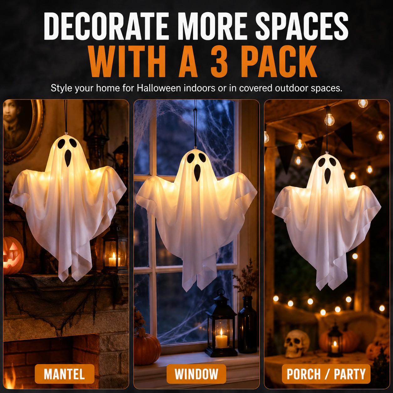 Set of 3 Lighted Hanging Ghost Decorations for Halloween