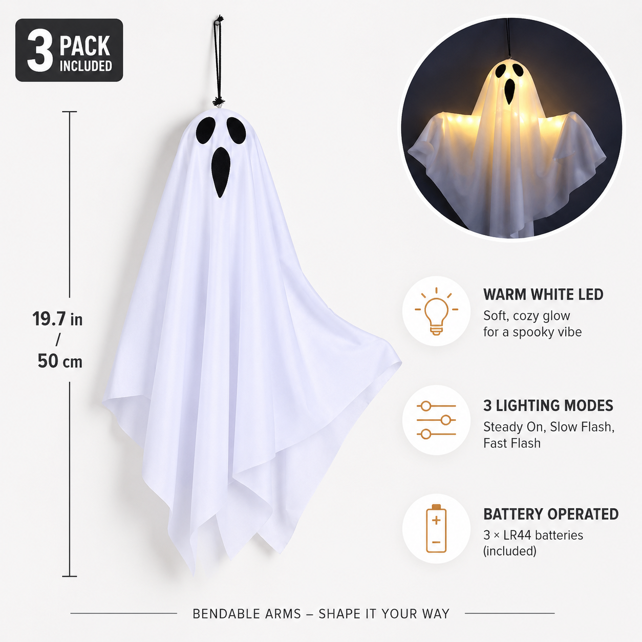 Set of 3 Lighted Hanging Ghost Decorations for Halloween