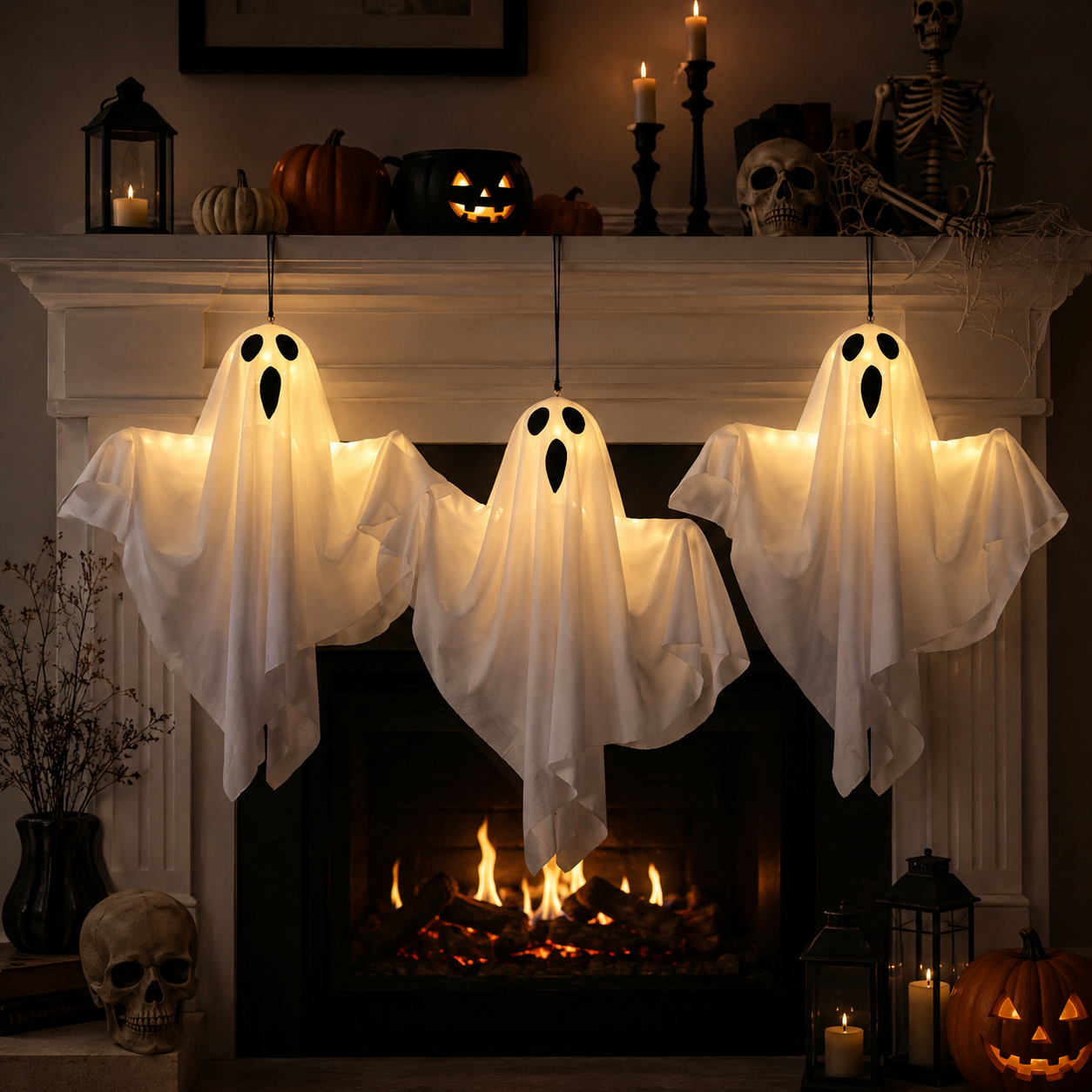 Set of 3 Lighted Hanging Ghost Decorations for Halloween