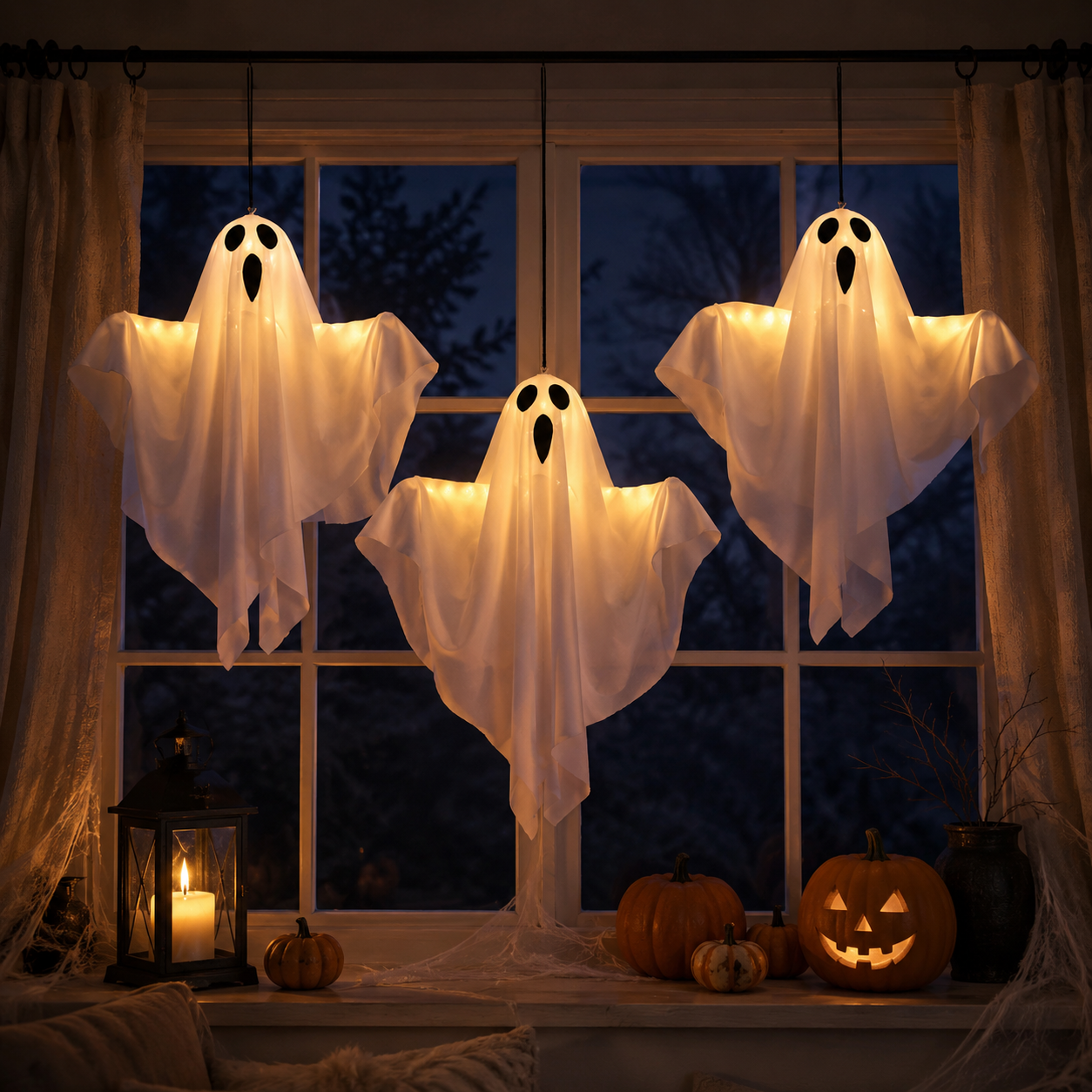 Set of 3 Lighted Hanging Ghost Decorations for Halloween