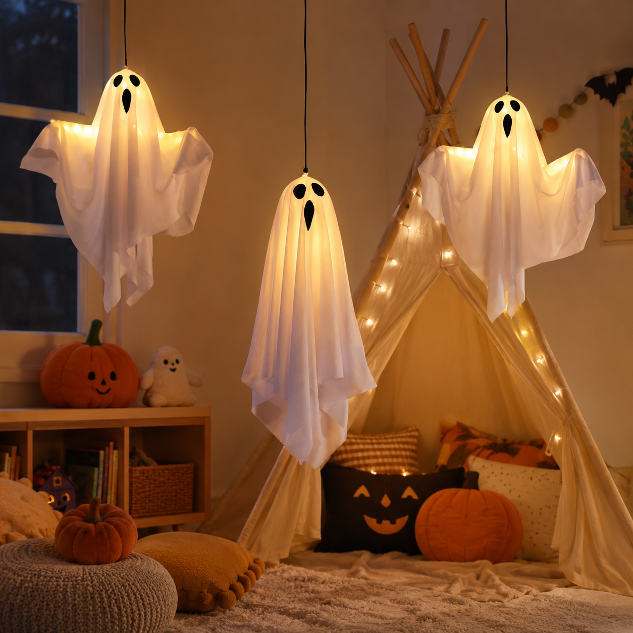 Set of 3 Lighted Hanging Ghost Decorations for Halloween