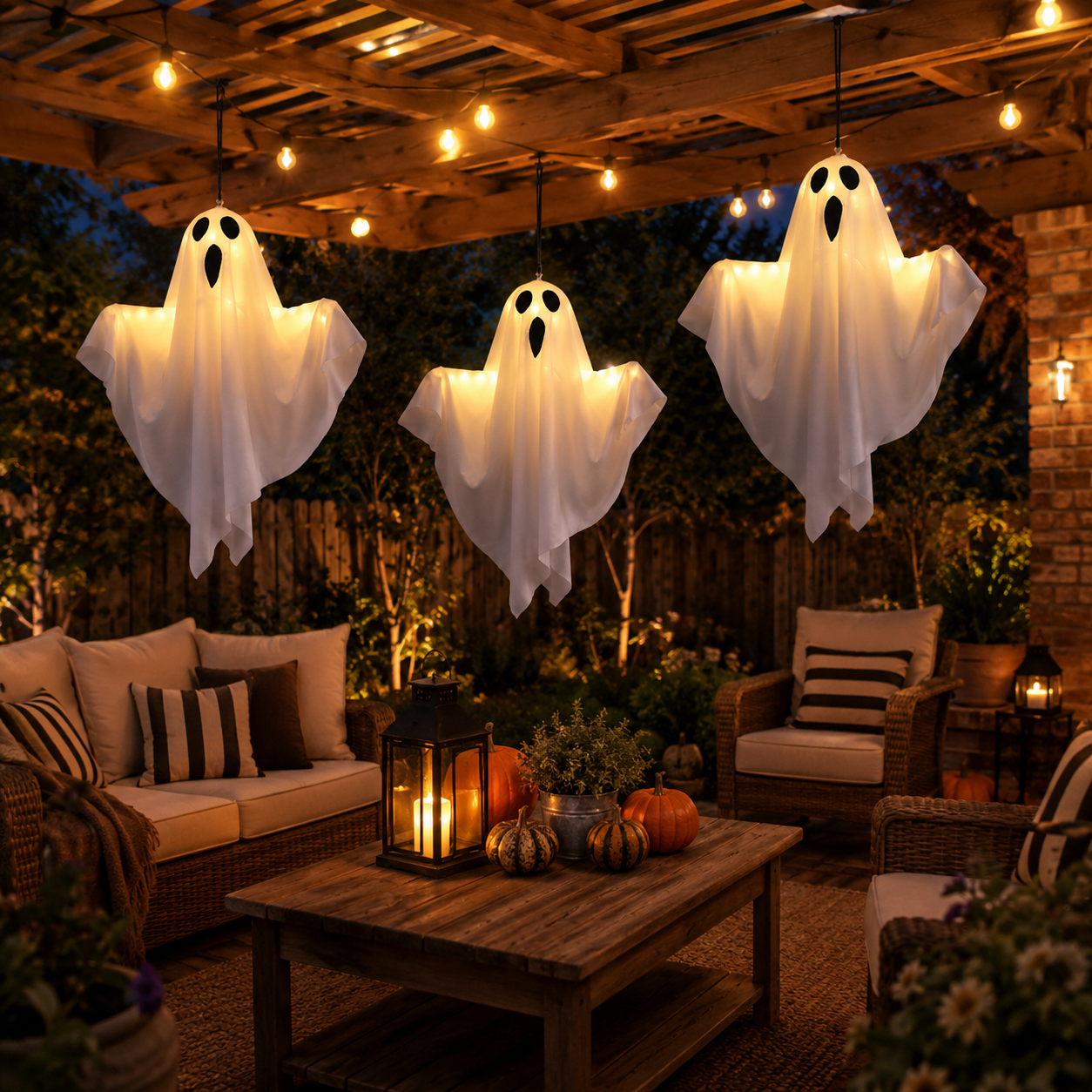 Set of 3 Lighted Hanging Ghost Decorations for Halloween