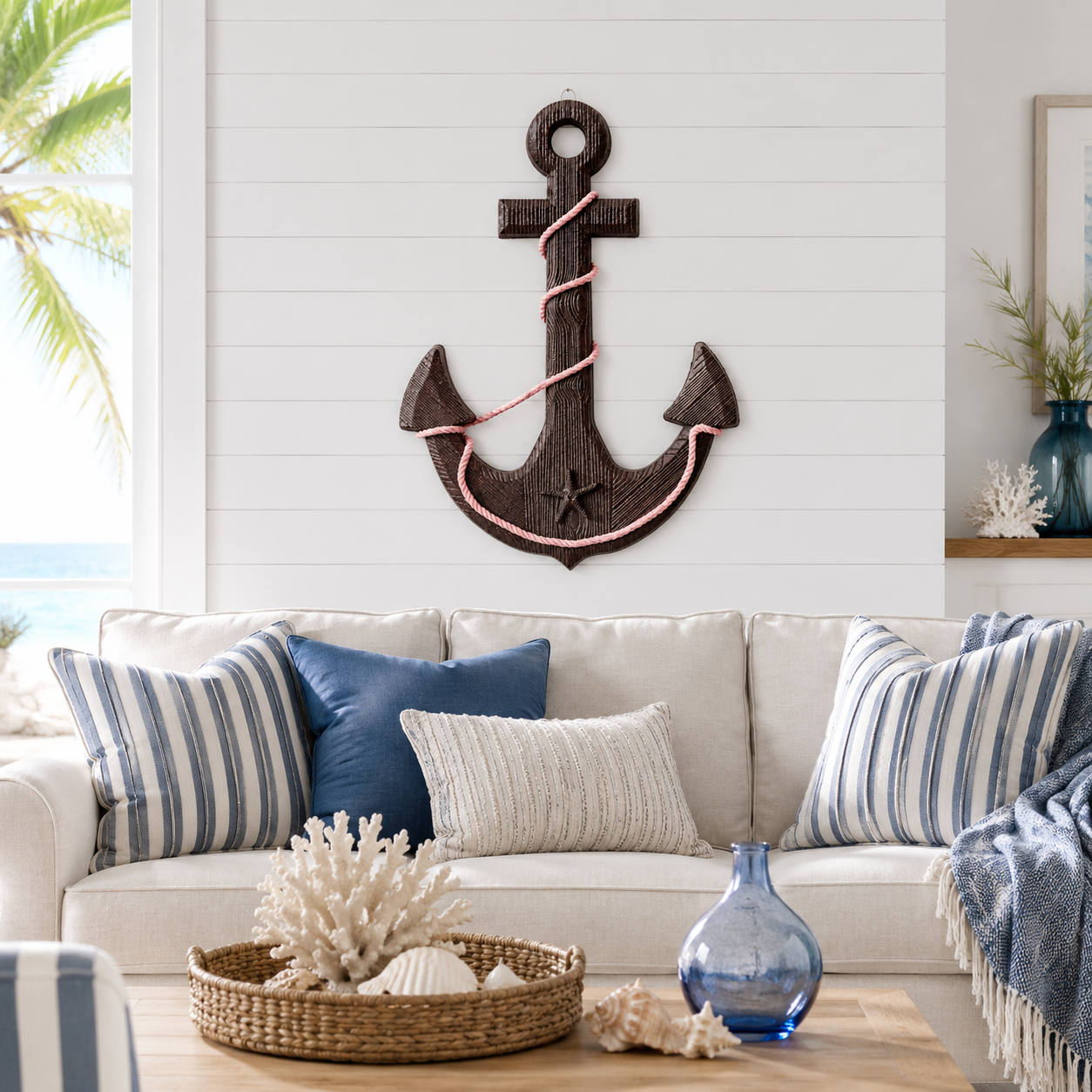 Vintage Wooden Ship's Wheel and Anchor Wall Art