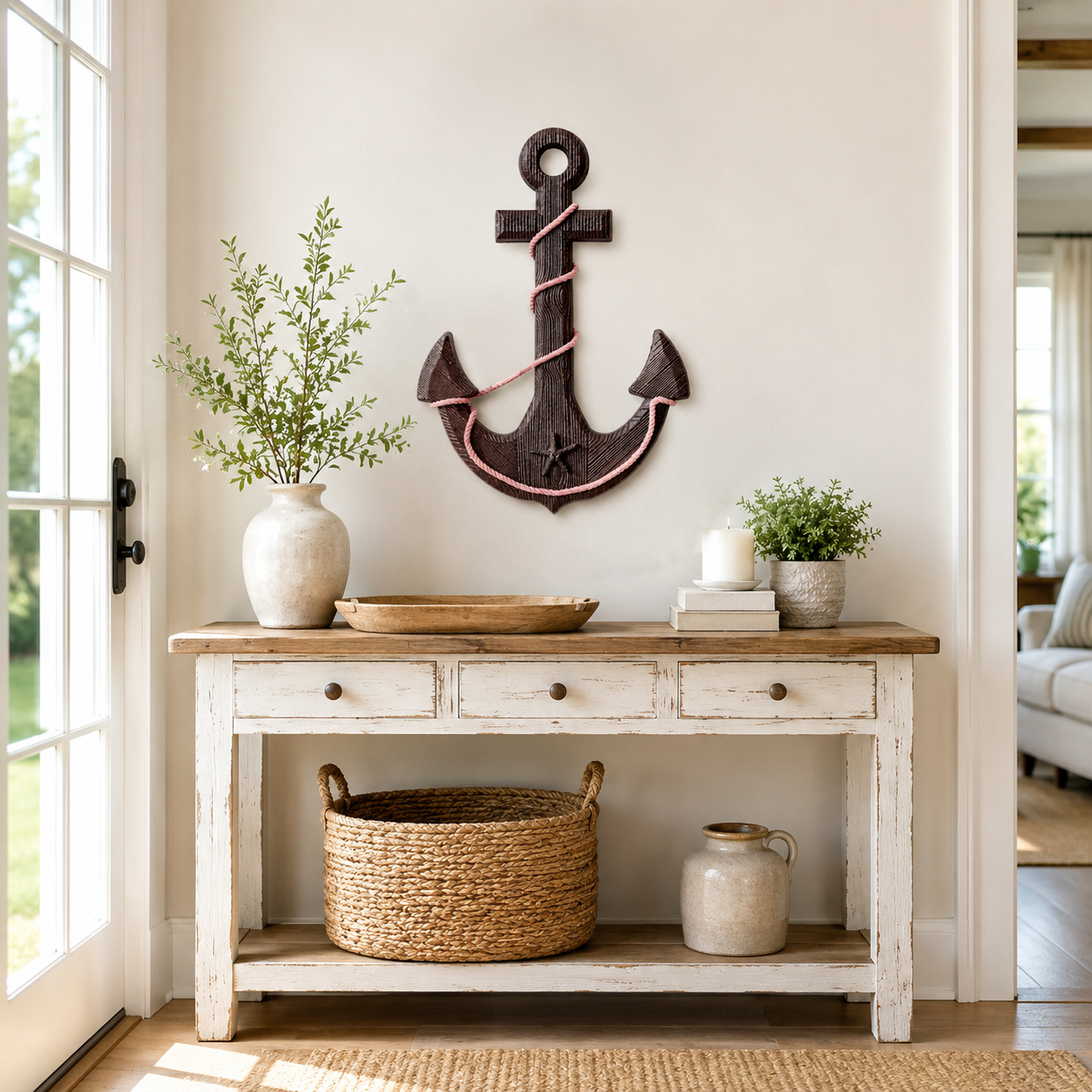 Vintage Wooden Ship's Wheel and Anchor Wall Art