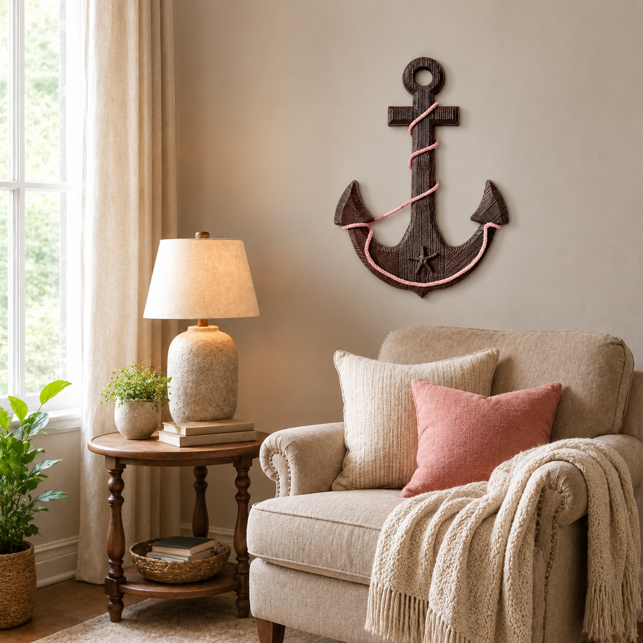 Vintage Wooden Ship's Wheel and Anchor Wall Art