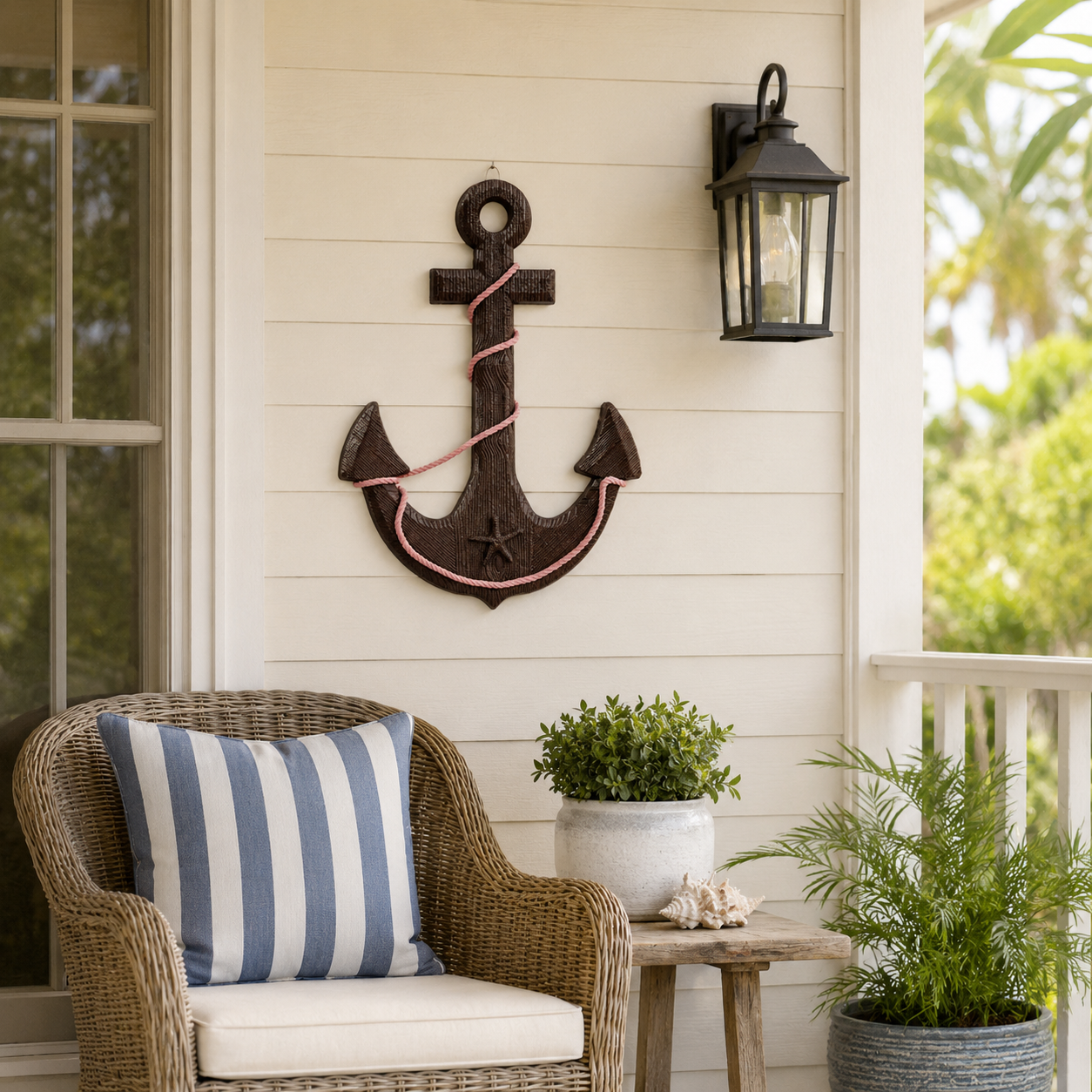 Vintage Wooden Ship's Wheel and Anchor Wall Art