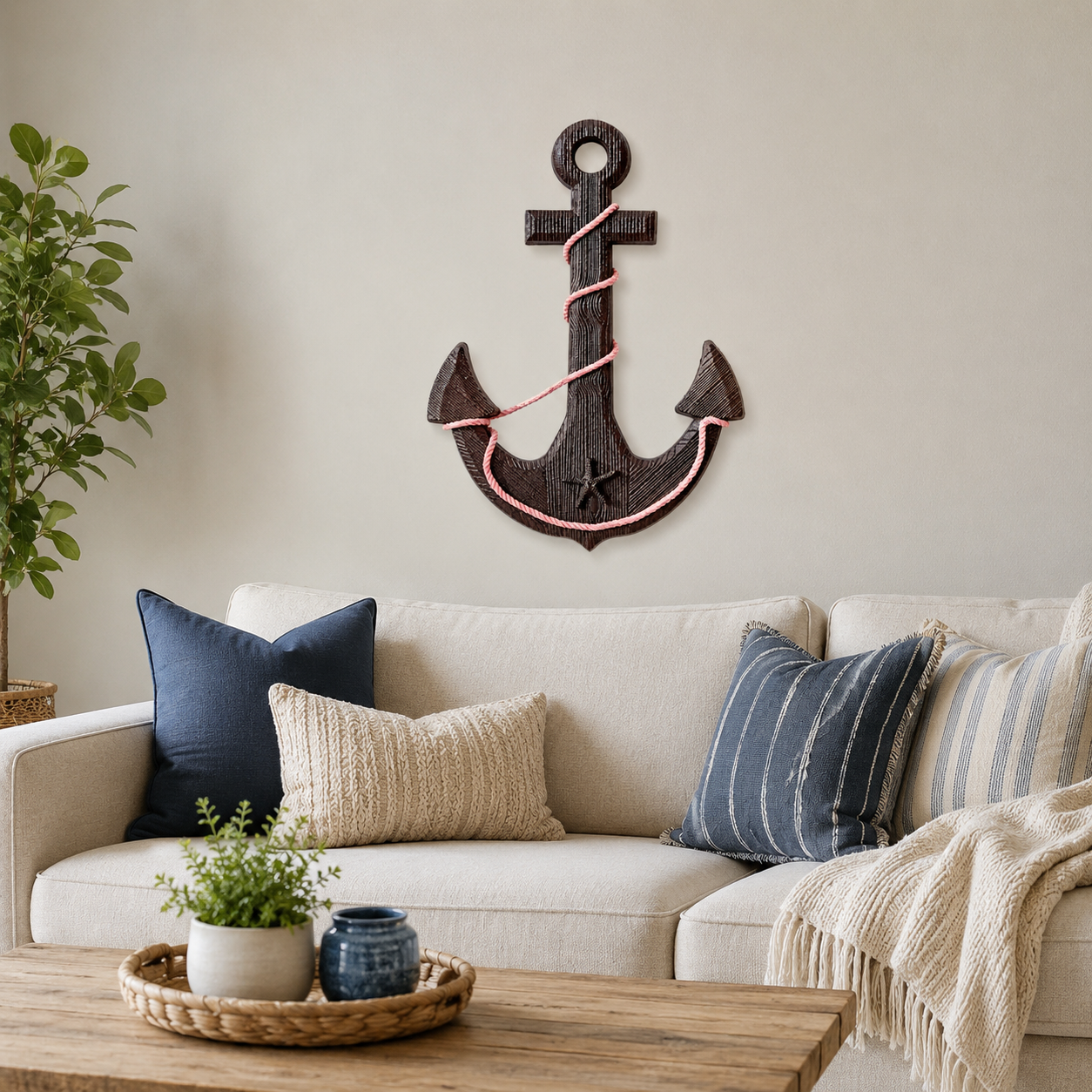 Vintage Wooden Ship's Wheel and Anchor Wall Art