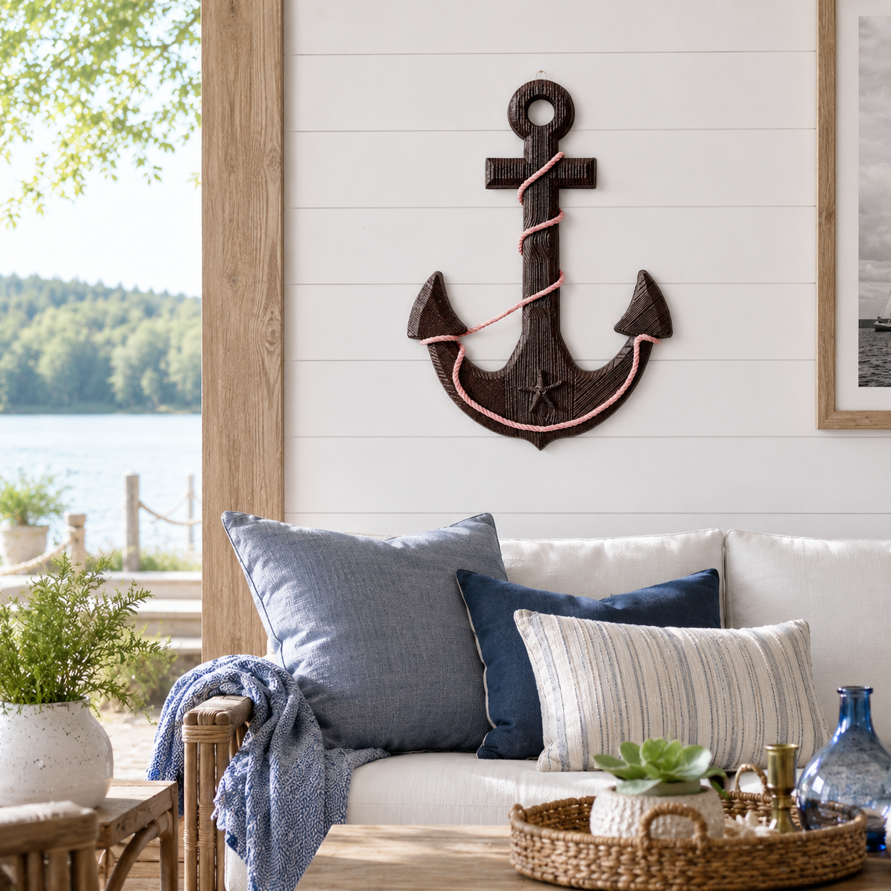 Vintage Wooden Ship's Wheel and Anchor Wall Art