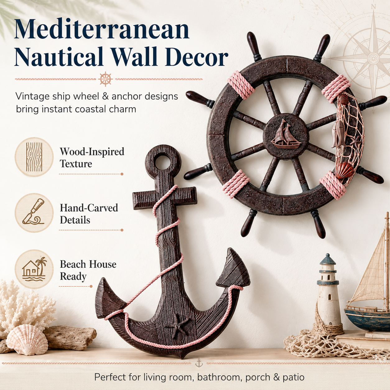 Vintage Wooden Ship's Wheel and Anchor Wall Art