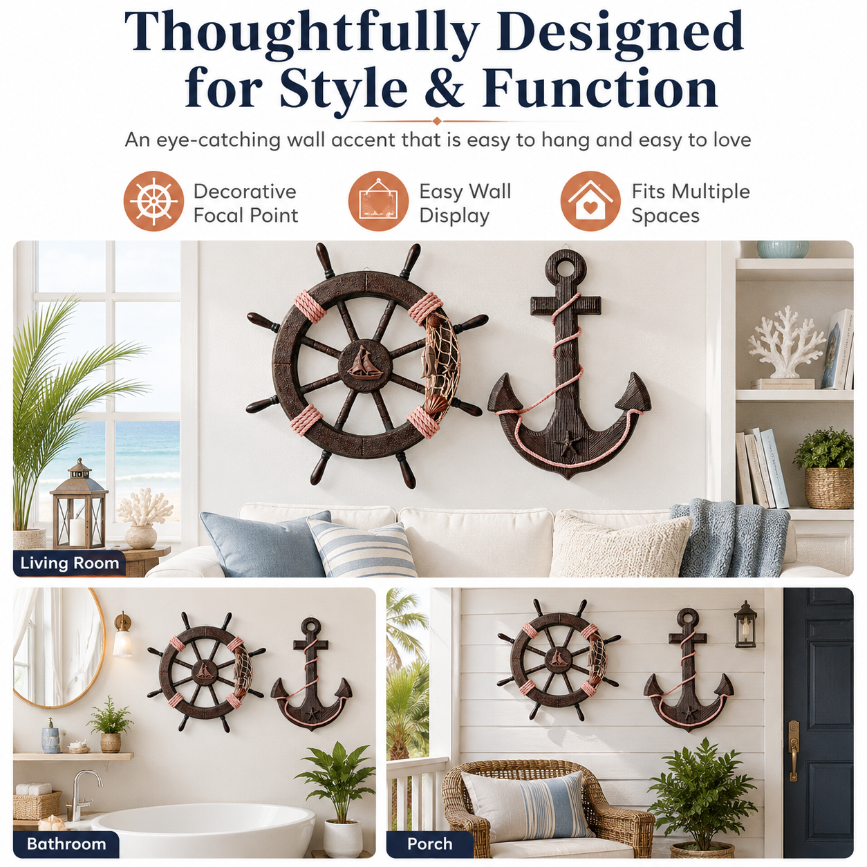 Vintage Wooden Ship's Wheel and Anchor Wall Art