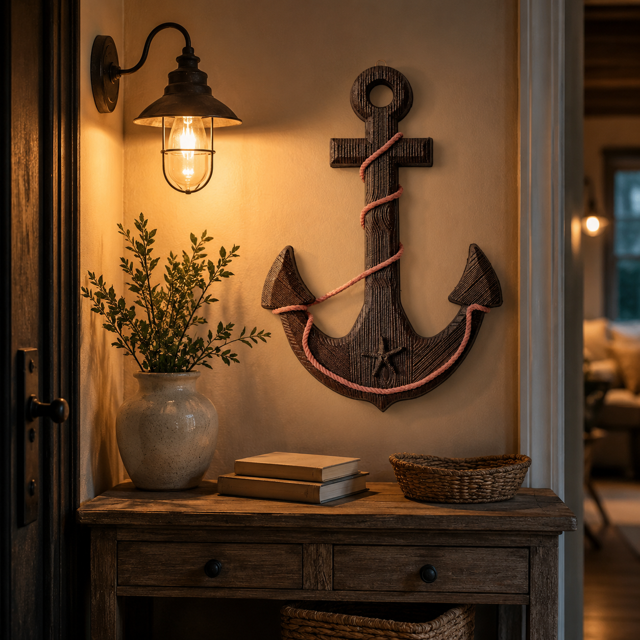 Vintage Wooden Ship's Wheel and Anchor Wall Art