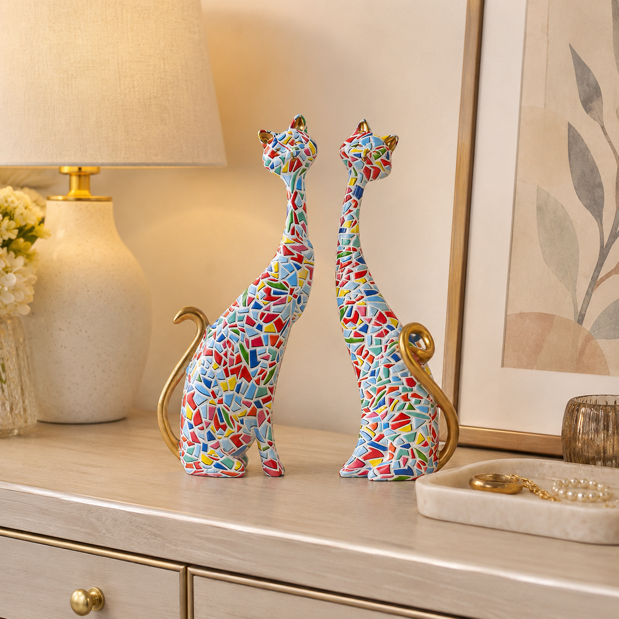 Colorful Mosaic Cat Figurines Set of 2
