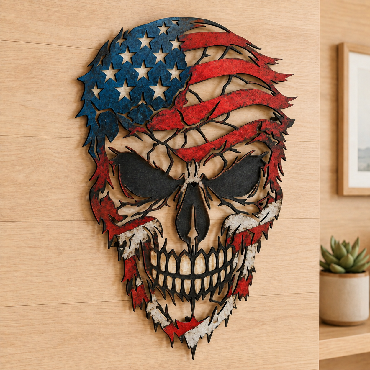American Flag Skull Metal Art