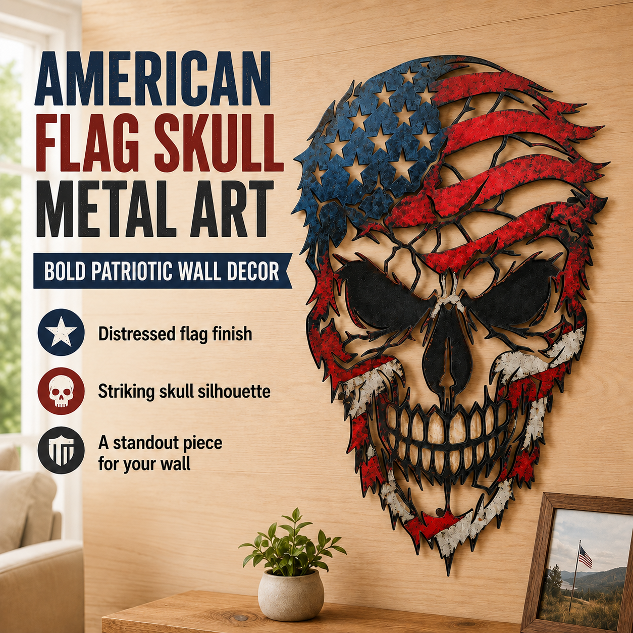 American Flag Skull Metal Art