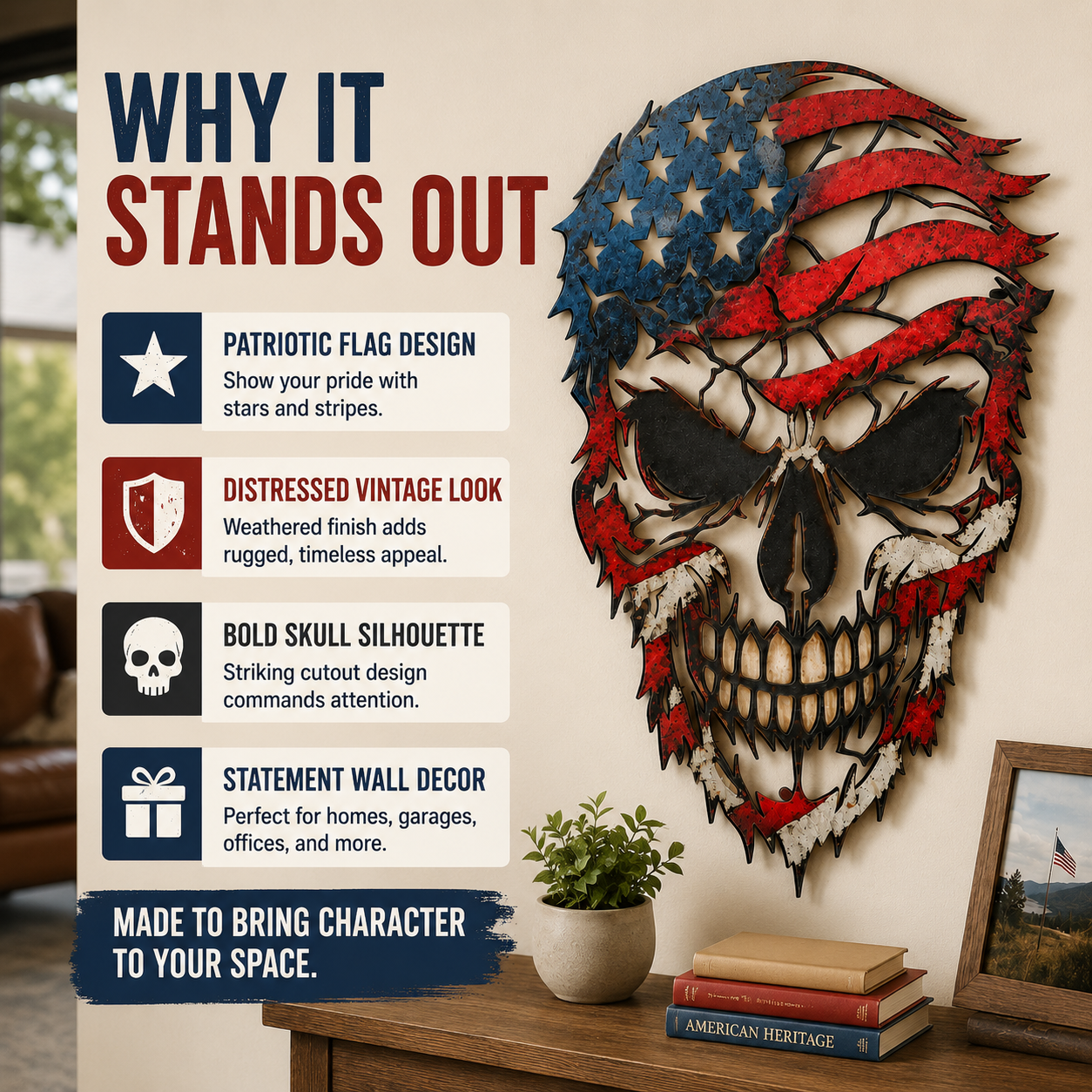 American Flag Skull Metal Art