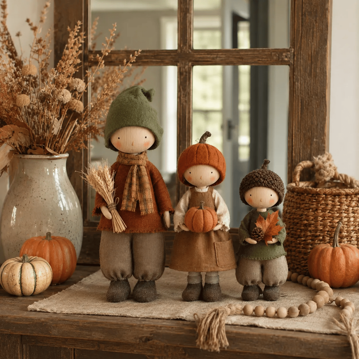 Set of 3 Rustic Fall Harvest Doll Figurines