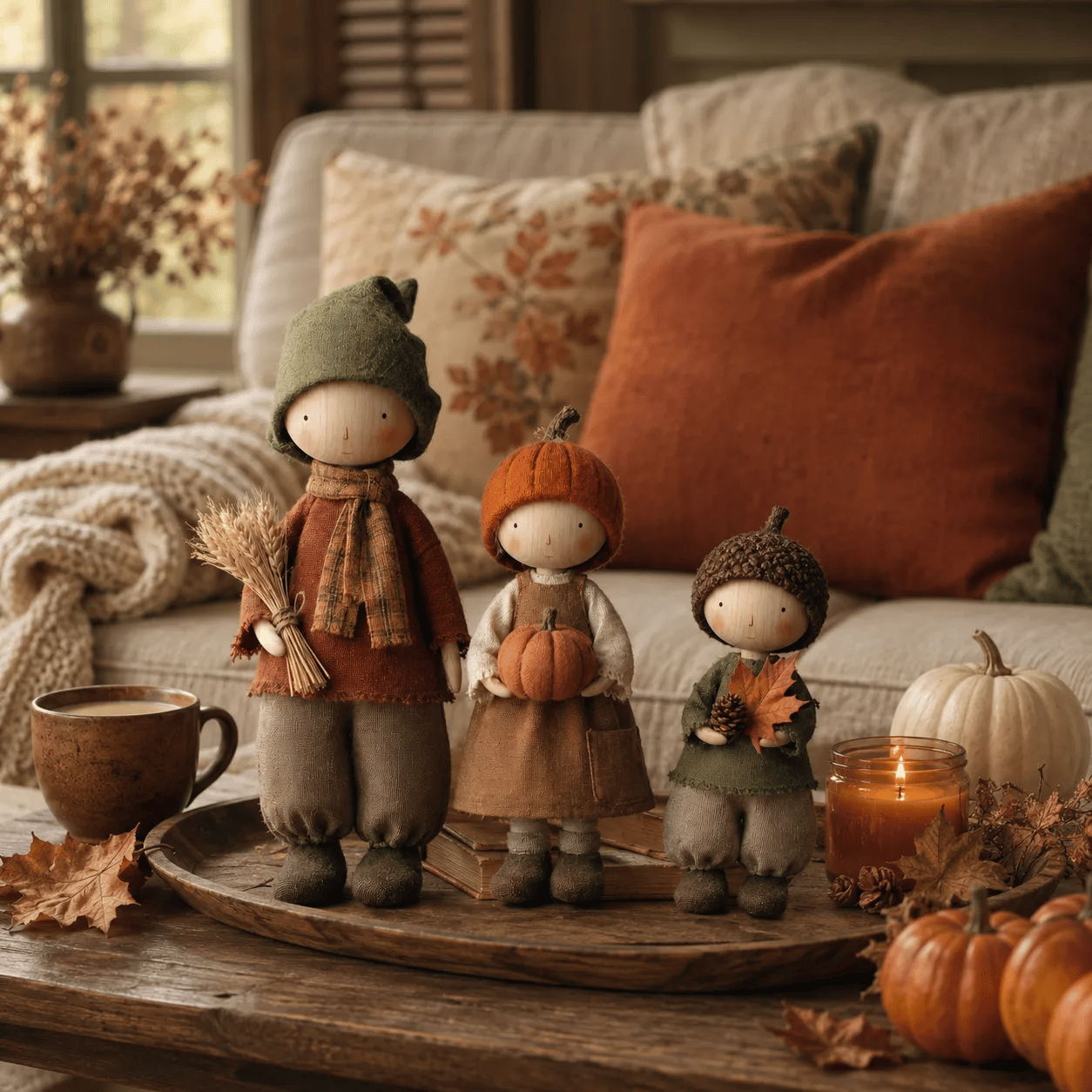Set of 3 Rustic Fall Harvest Doll Figurines
