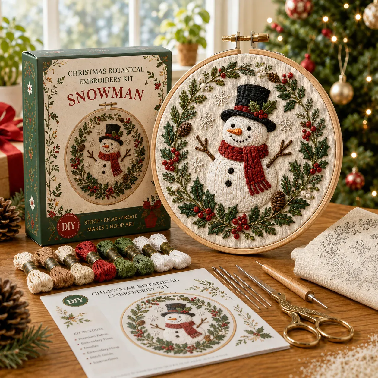 ⏳ Last Day 49% OFF – 🎄Beginner-Friendly Christmas Festive Needlework Kit | Complete DIY Set with Pre-Printed Fabric, Wooden Hoop, Floss, Needles & Step-by-Step Guide Included 💕