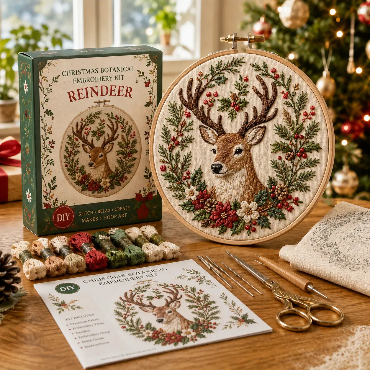⏳ Last Day 49% OFF – 🎄Beginner-Friendly Christmas Festive Needlework Kit | Complete DIY Set with Pre-Printed Fabric, Wooden Hoop, Floss, Needles & Step-by-Step Guide Included 💕