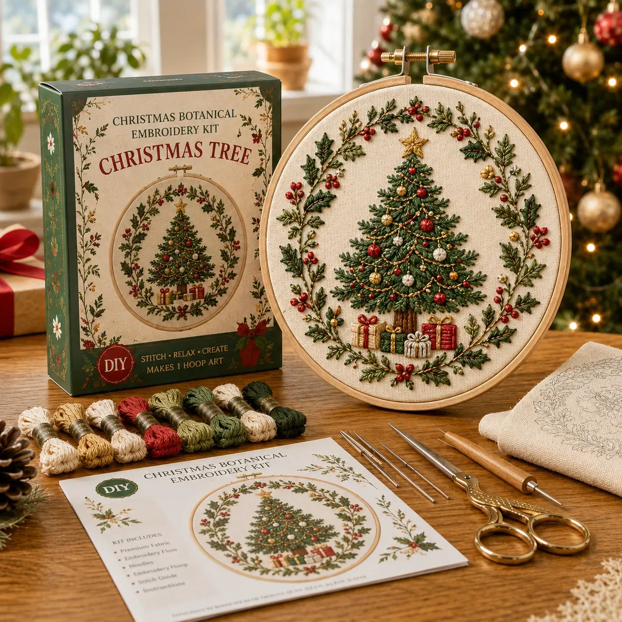 ⏳ Last Day 49% OFF – 🎄Beginner-Friendly Christmas Festive Needlework Kit | Complete DIY Set with Pre-Printed Fabric, Wooden Hoop, Floss, Needles & Step-by-Step Guide Included 💕