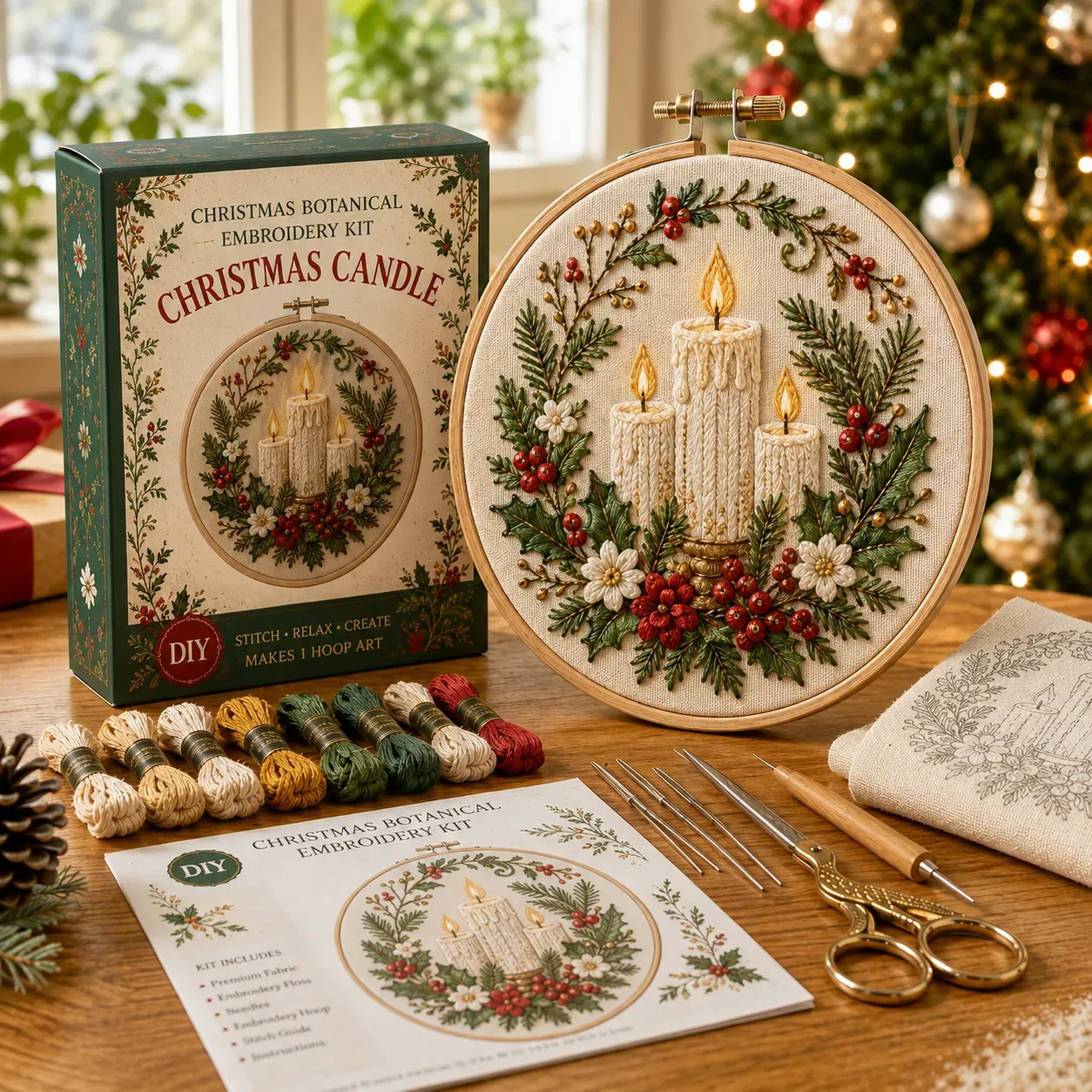 ⏳ Last Day 49% OFF – 🎄Beginner-Friendly Christmas Festive Needlework Kit | Complete DIY Set with Pre-Printed Fabric, Wooden Hoop, Floss, Needles & Step-by-Step Guide Included 💕