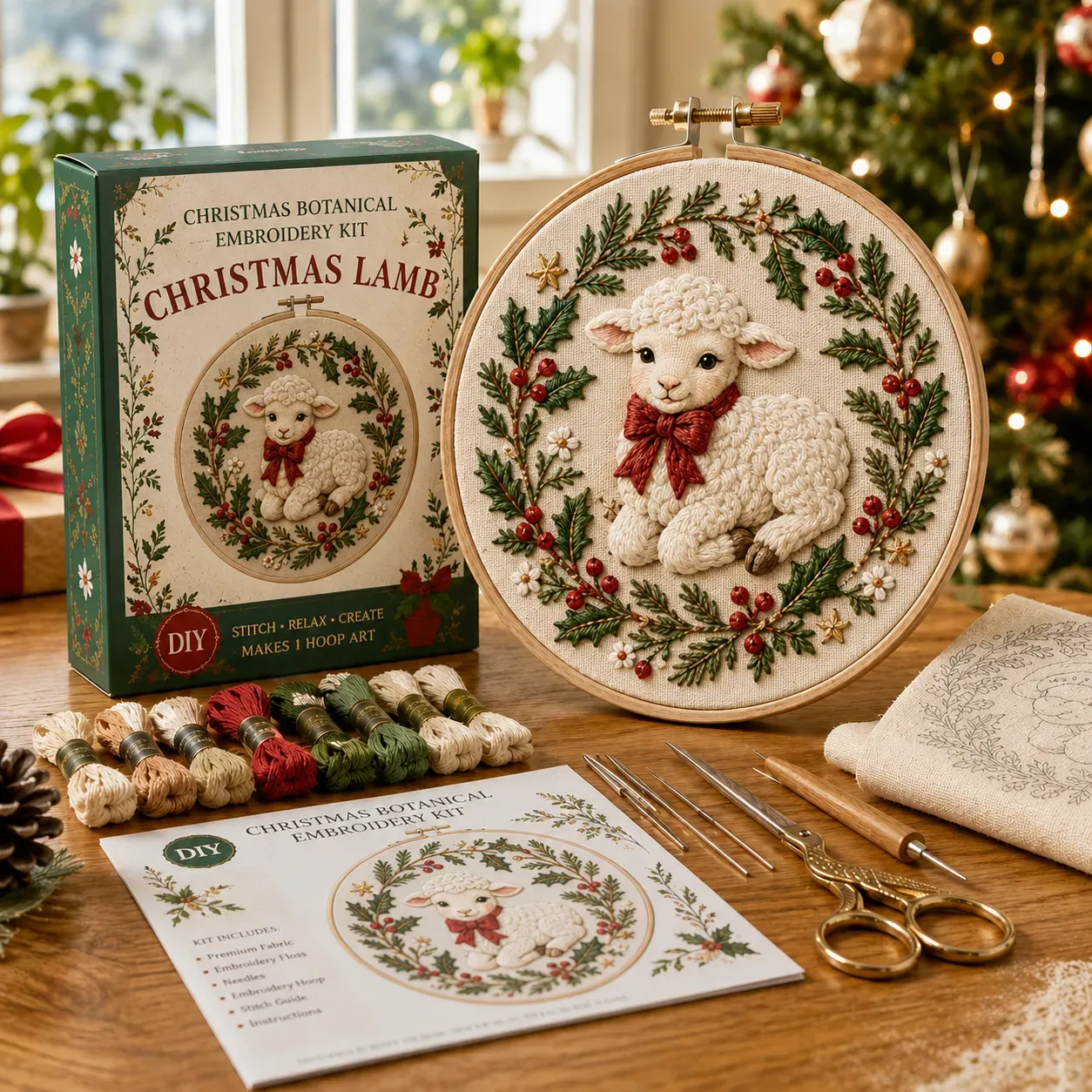 ⏳ Last Day 49% OFF – 🎄Beginner-Friendly Christmas Festive Needlework Kit | Complete DIY Set with Pre-Printed Fabric, Wooden Hoop, Floss, Needles & Step-by-Step Guide Included 💕