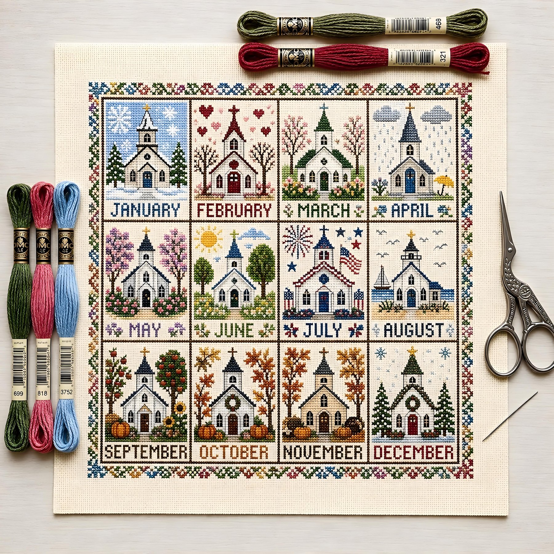 🔥LAST DAY 69% OFF -🏡 12-Month Seasons & Holidays Cross Stitch Kit — Relaxing DIY Craft Project for Beginners & Craft Lovers