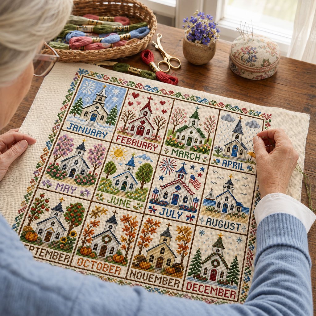 🔥LAST DAY 69% OFF -🏡 12-Month Seasons & Holidays Cross Stitch Kit — Relaxing DIY Craft Project for Beginners & Craft Lovers