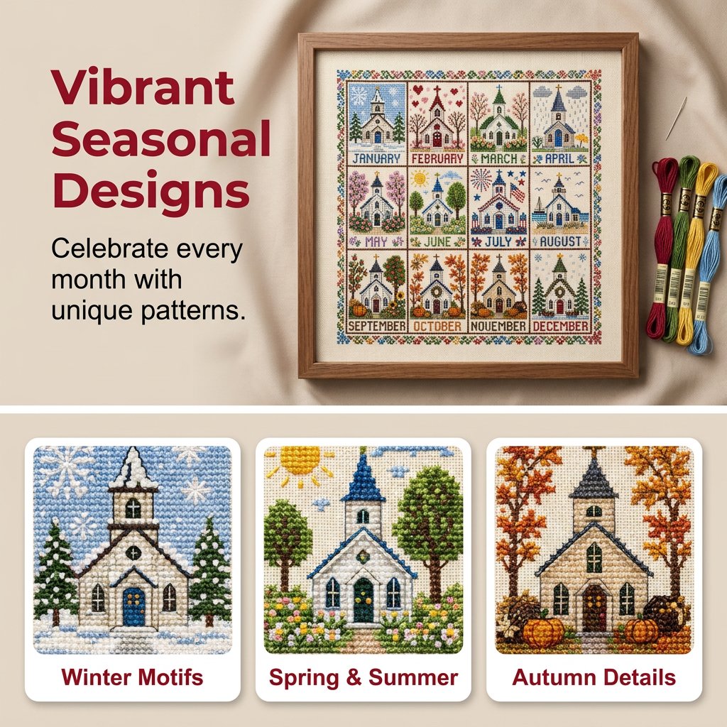 🔥LAST DAY 69% OFF -🏡 12-Month Seasons & Holidays Cross Stitch Kit — Relaxing DIY Craft Project for Beginners & Craft Lovers