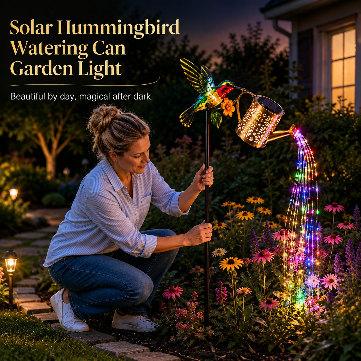 Solar Hummingbird Watering Can Garden Light