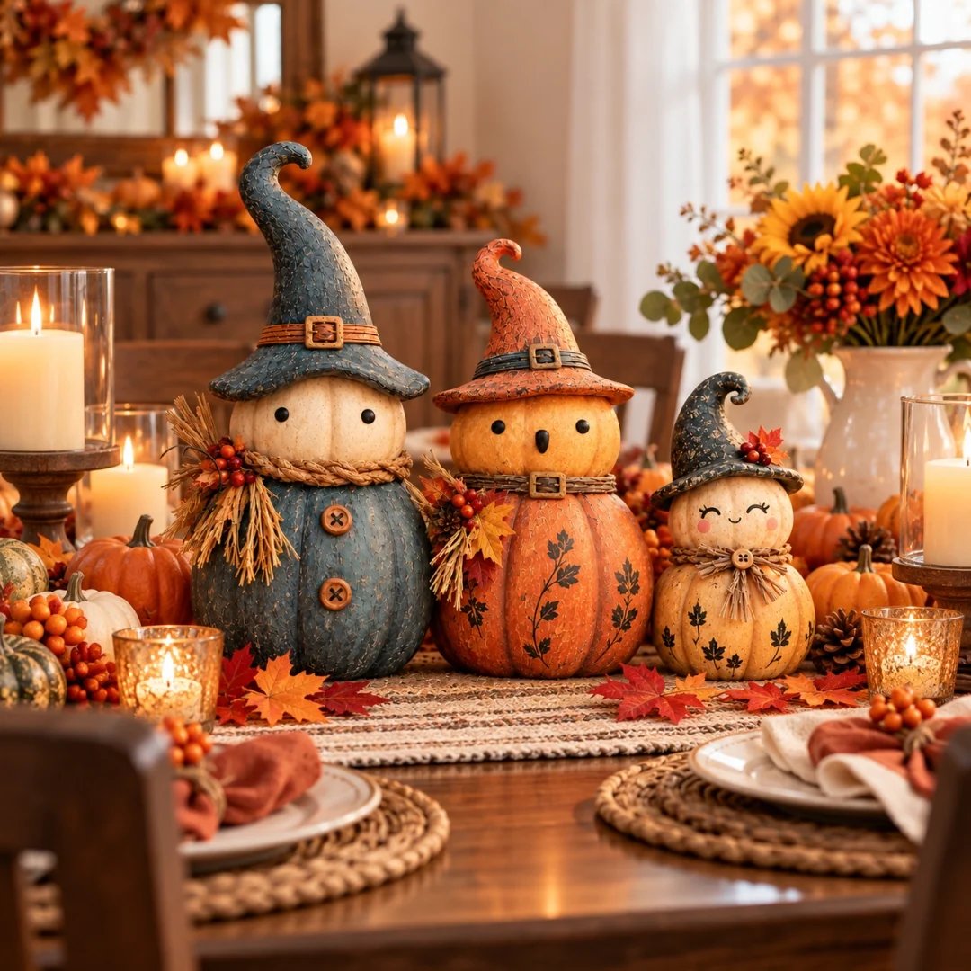 Three vintage pumpkin witch figurines in a bright fall entryway Three vintage pumpkin witch figurines in a bright fall entryway