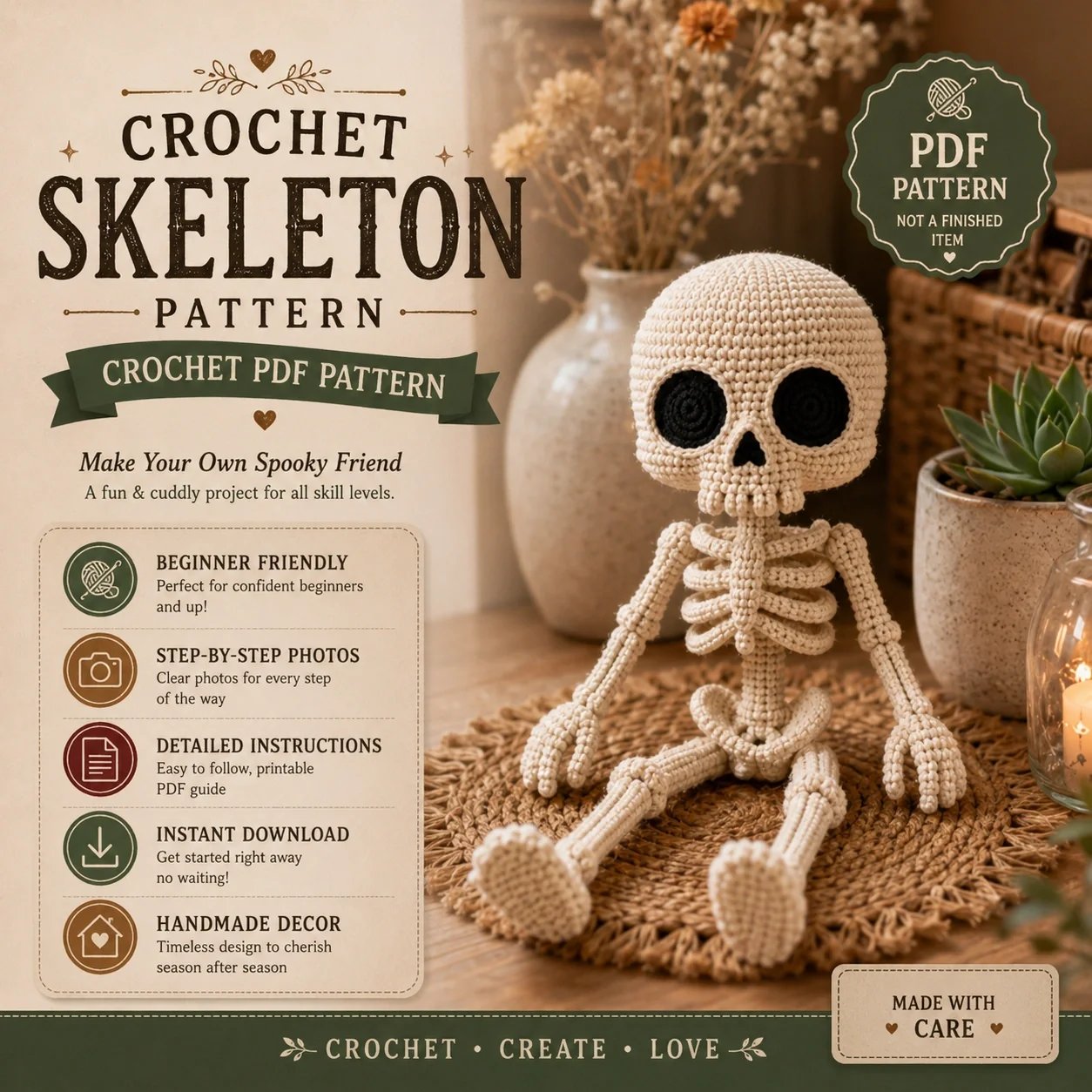 Little Skeleton Amigurumi Crochet - Halloween, 30cm