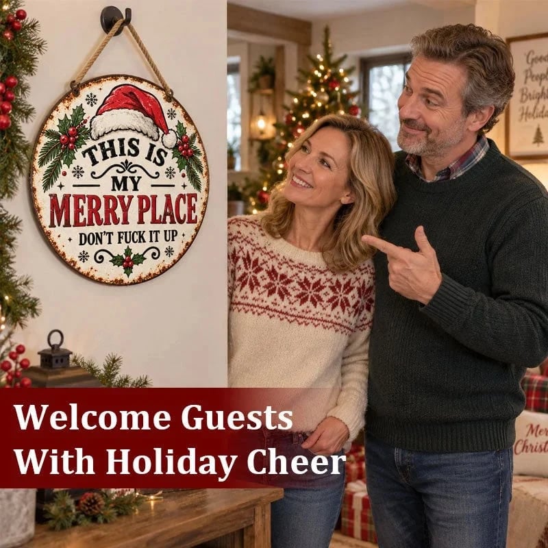 🔥HOT SALE 49% OFF🎄🏡 This Is My Merry Place — Vintage Christmas Hanging Sign with Santa Hat & Holly 