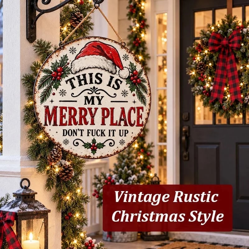 🔥HOT SALE 49% OFF🎄🏡 This Is My Merry Place — Vintage Christmas Hanging Sign with Santa Hat & Holly 