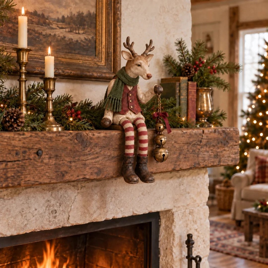 Vintage old reindeer shelf sitter on Christmas mantel Vintage old reindeer shelf sitter on Christmas mantel