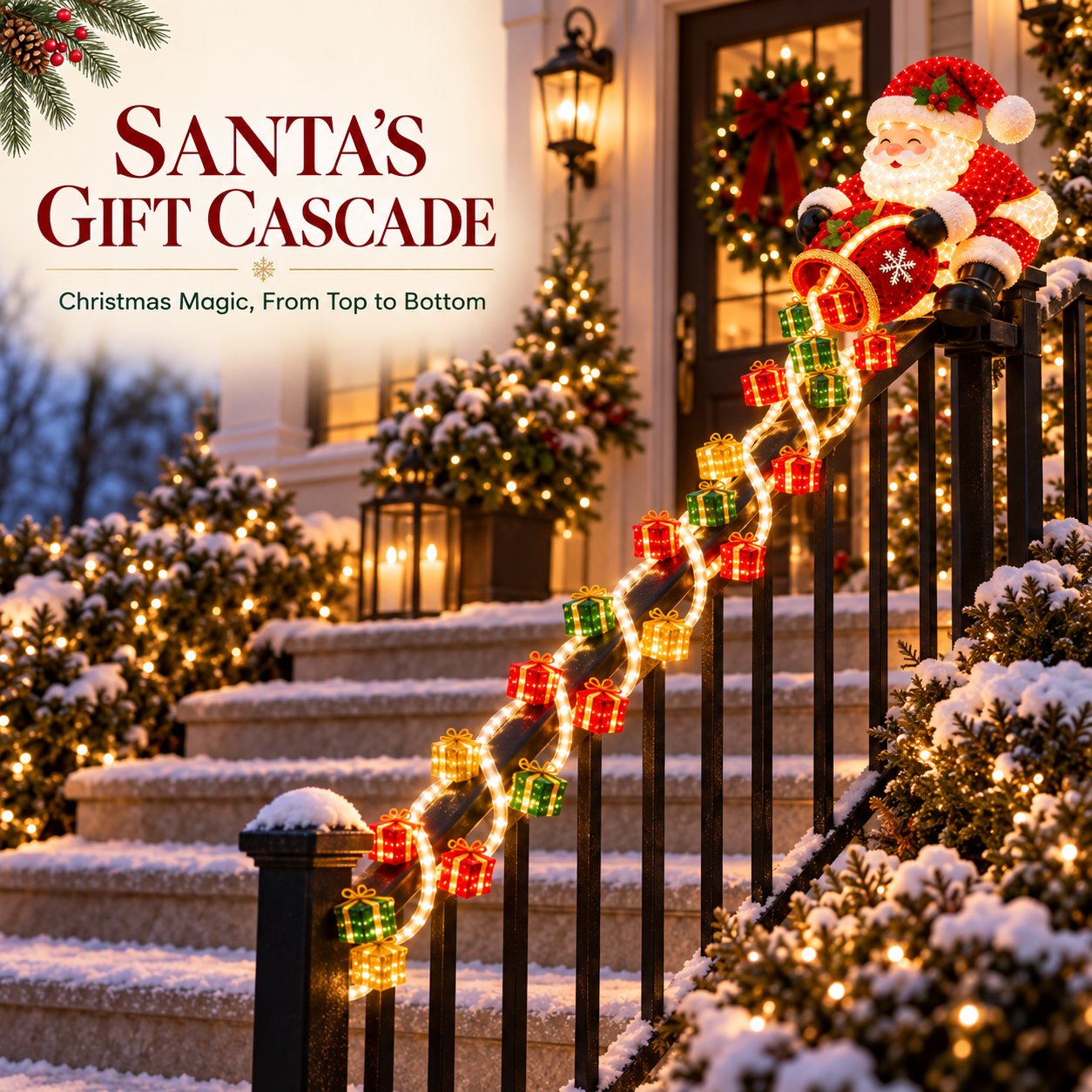 Santa and gift strands glowing at night