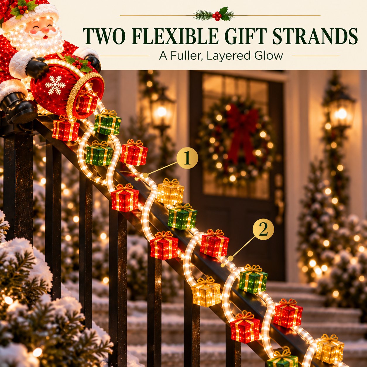Two flexible gift strands wrapped around a railing