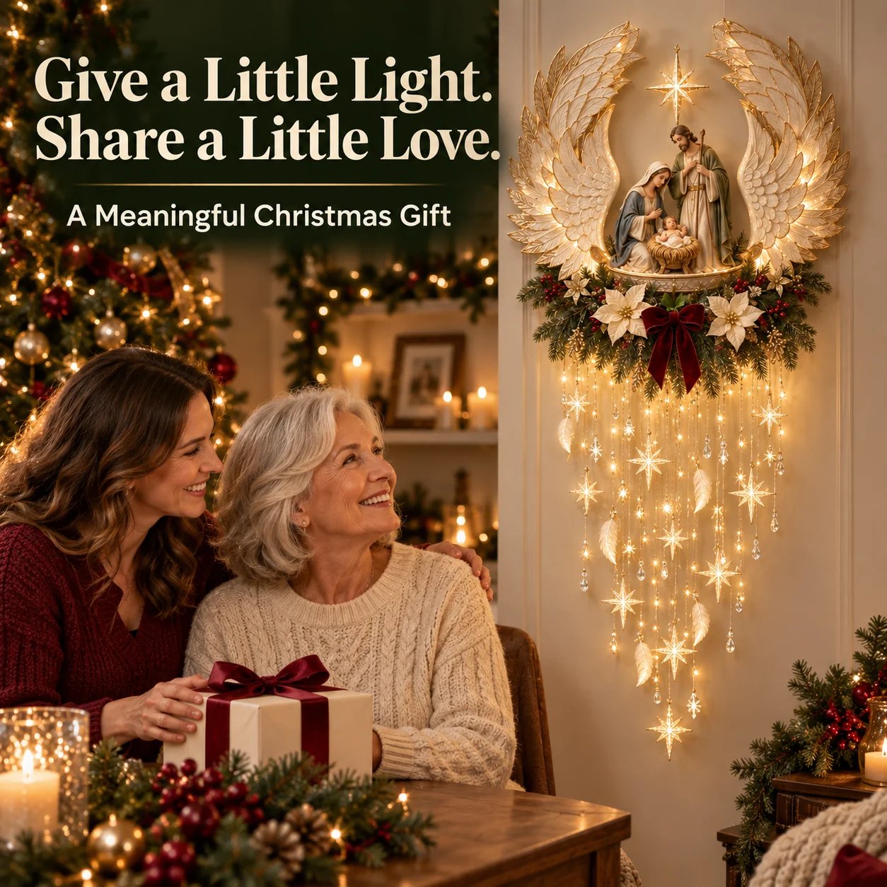 Mother and adult daughter beside glowing Nativity wall decoration