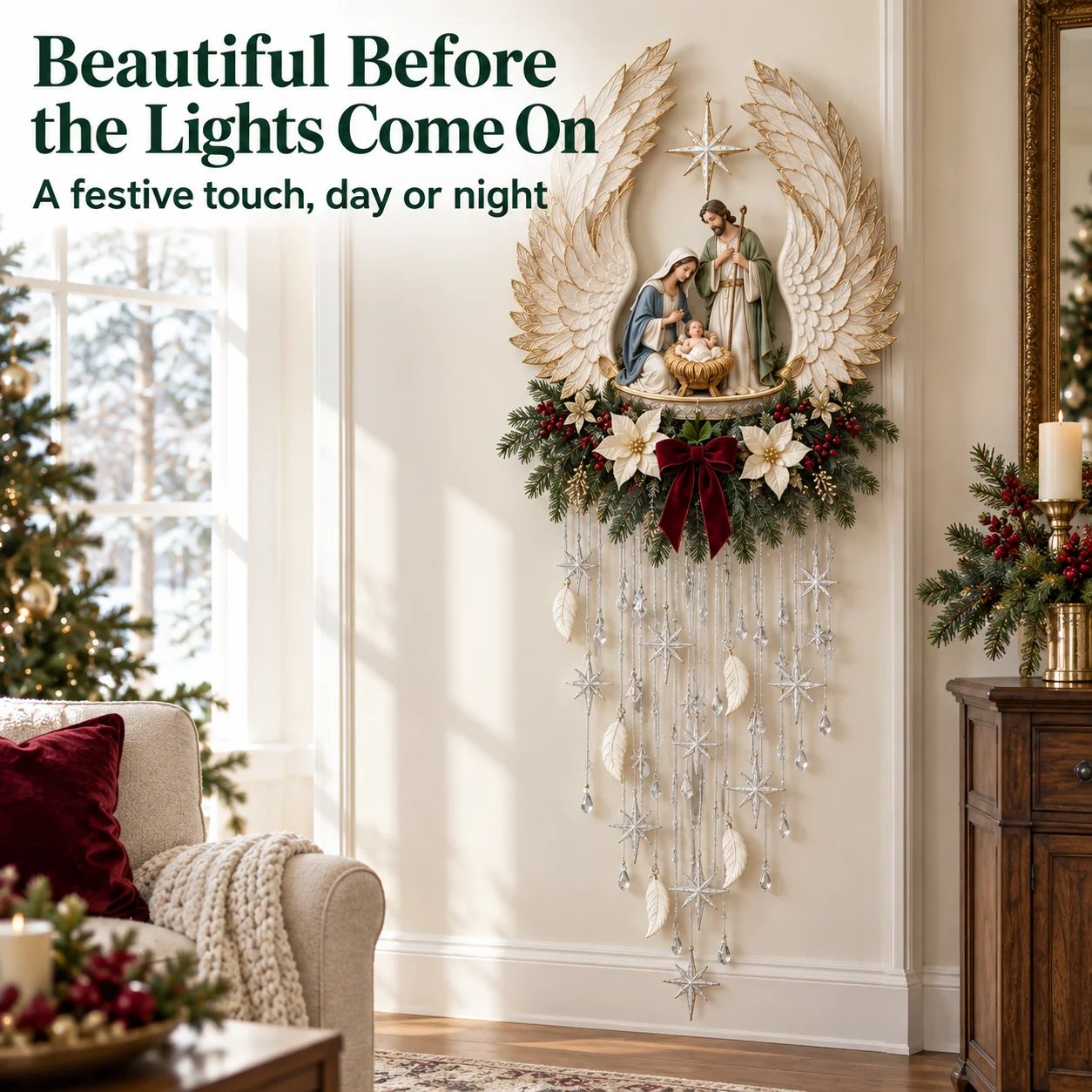 Daytime unlit angel-wing Nativity Christmas decoration