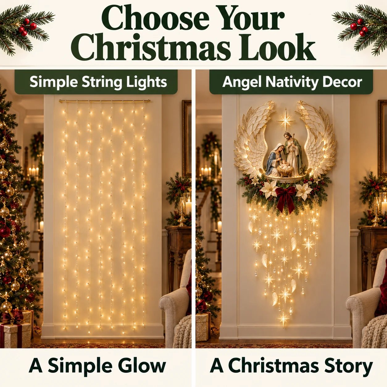 Comparison between ordinary string lights and angel-wing Nativity display